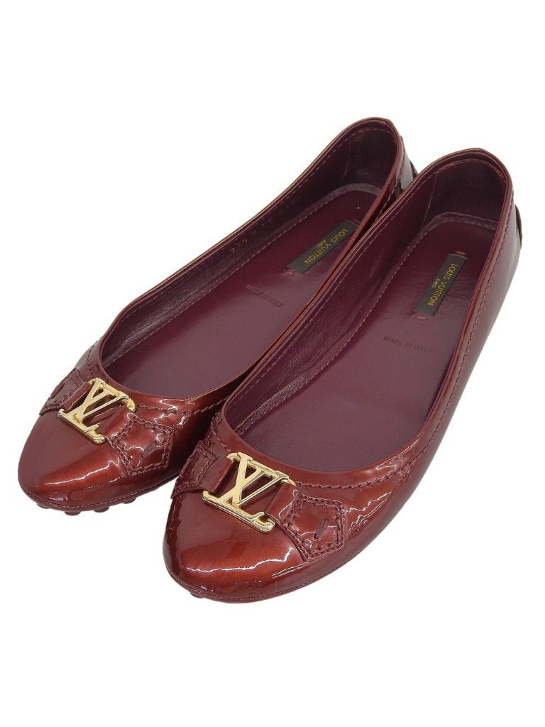 Louis Vuitton Lv Logo Buckle Patent Flat Shoes Wine Red